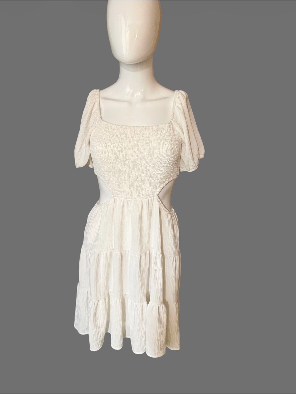 Altar'd State White Smocked Puff-Sleeve Mini with Side Cutouts